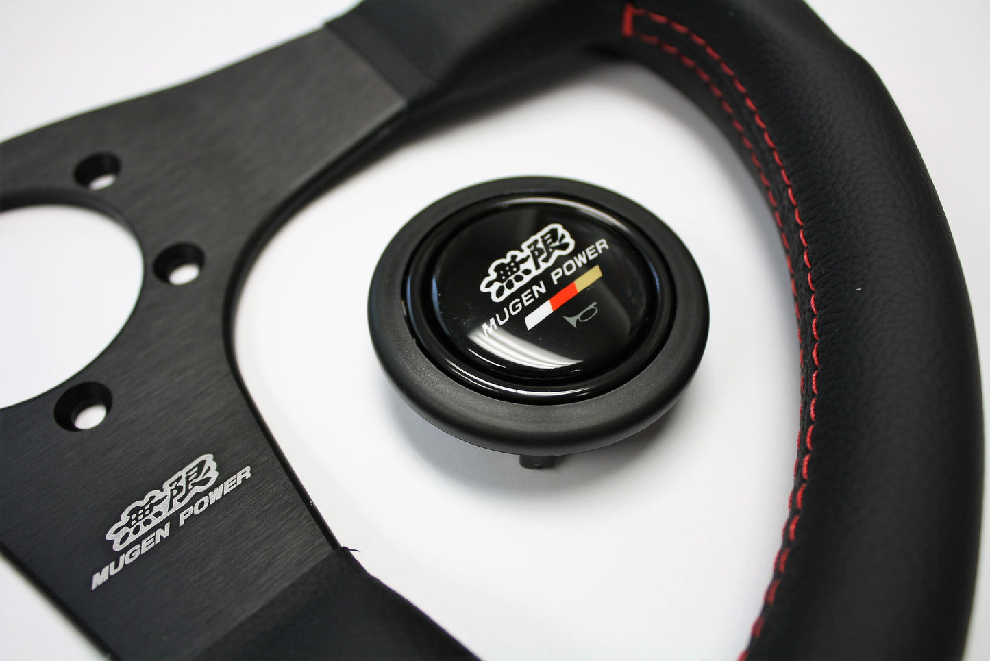 MUGEN RACING III, 350MM STEERING WHEEL - BLACK SMOOTH LEATHER RED STITCHING